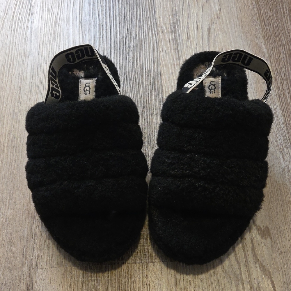 UGG Black Fluffy Slides - Picture 2 of 7